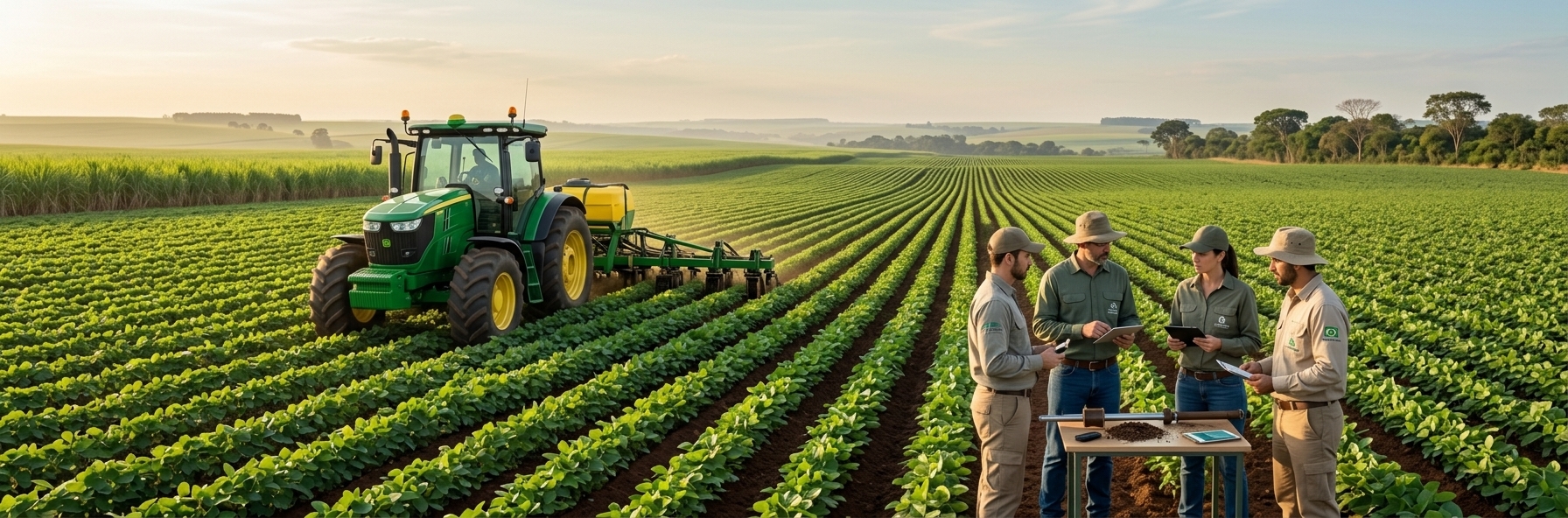 Capa panorâmica editorial do caso Terrus com operação agrícola, agronomia de campo e mecanização.