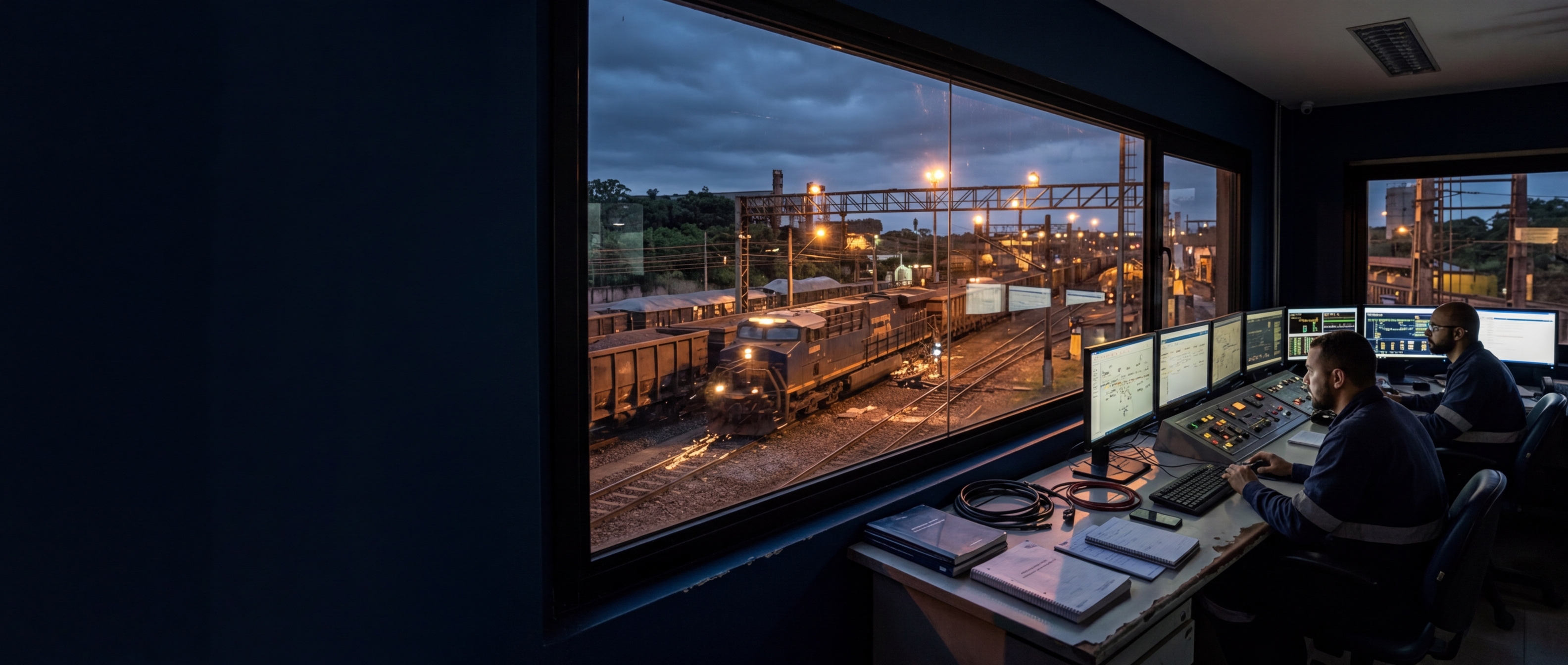 Cenário editorial premium de operação ferroviária e sala de controle com relatórios técnicos e atmosfera de engenharia aplicada.