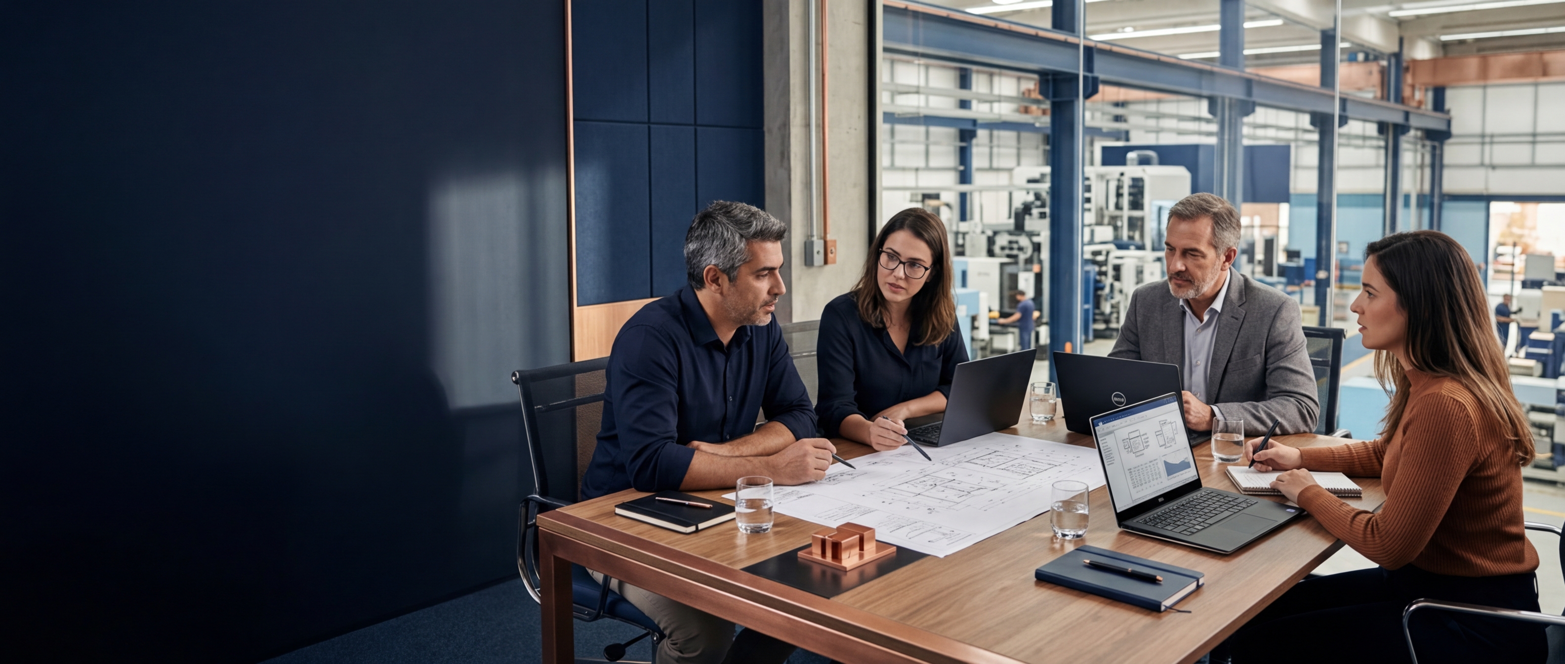 Reunião executiva de engenharia com desenhos técnicos, monitores e atmosfera premium de diagnóstico tecnológico.