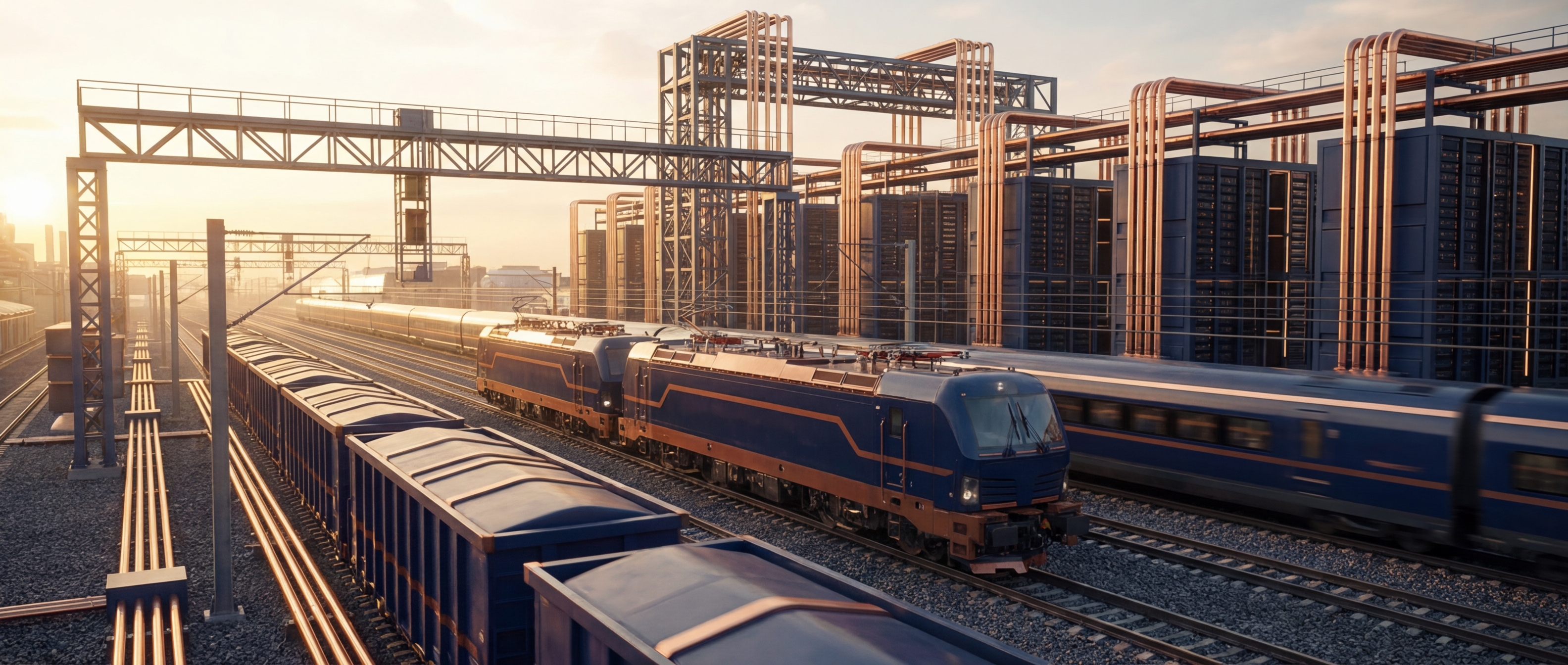 Composição ferroviária em ambiente industrial com atmosfera premium e infraestrutura crítica.