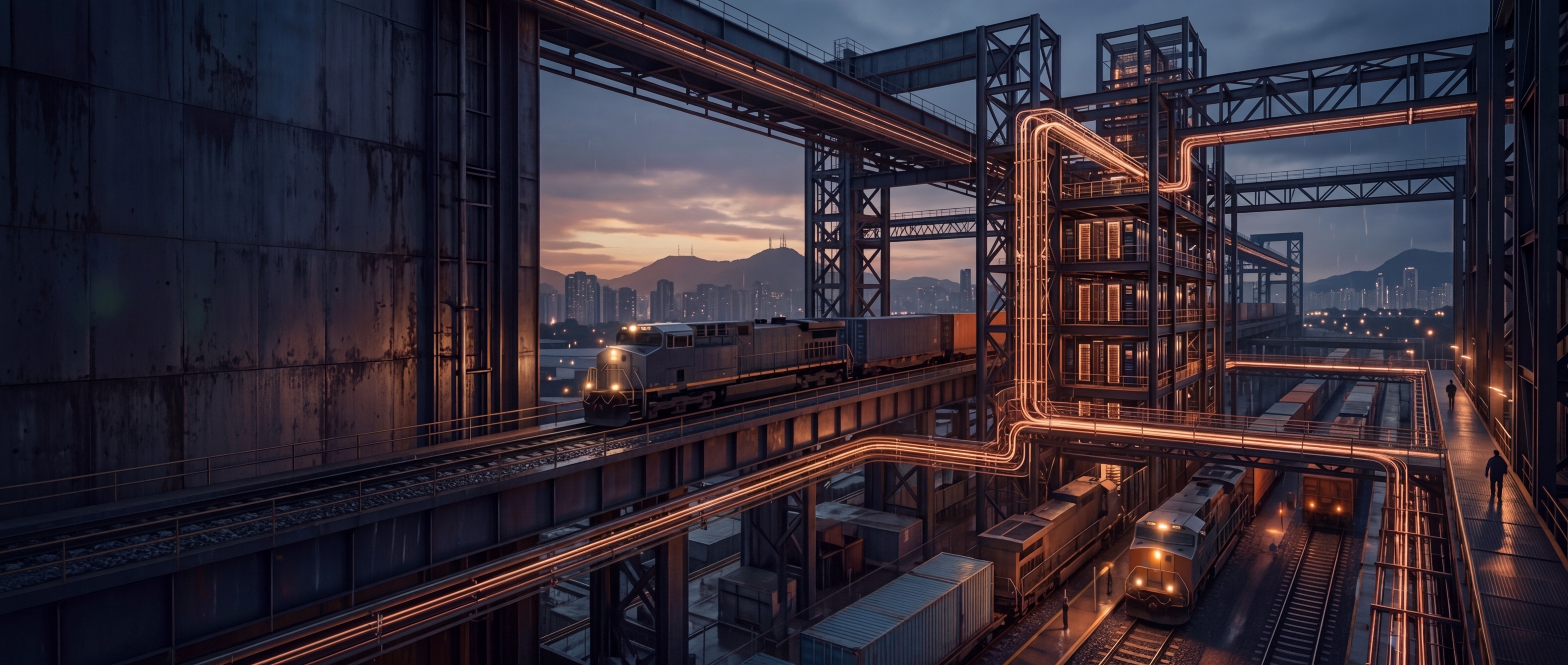 Cenário editorial premium de operação ferroviária e infraestrutura computacional crítica em atmosfera industrial contemporânea