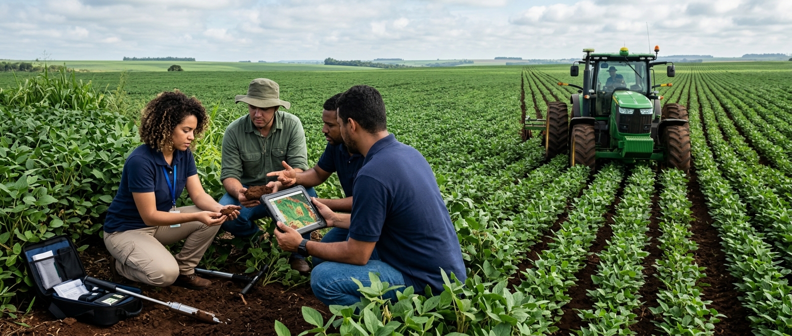 Contexto agro DeepTech com campo, agronomia, análise de solo e decisão operacional em ambiente premium.