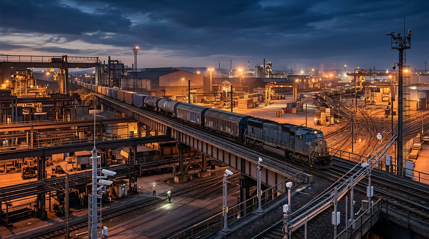 Operação industrial e ferroviária com infraestrutura crítica e atmosfera premium de engenharia.