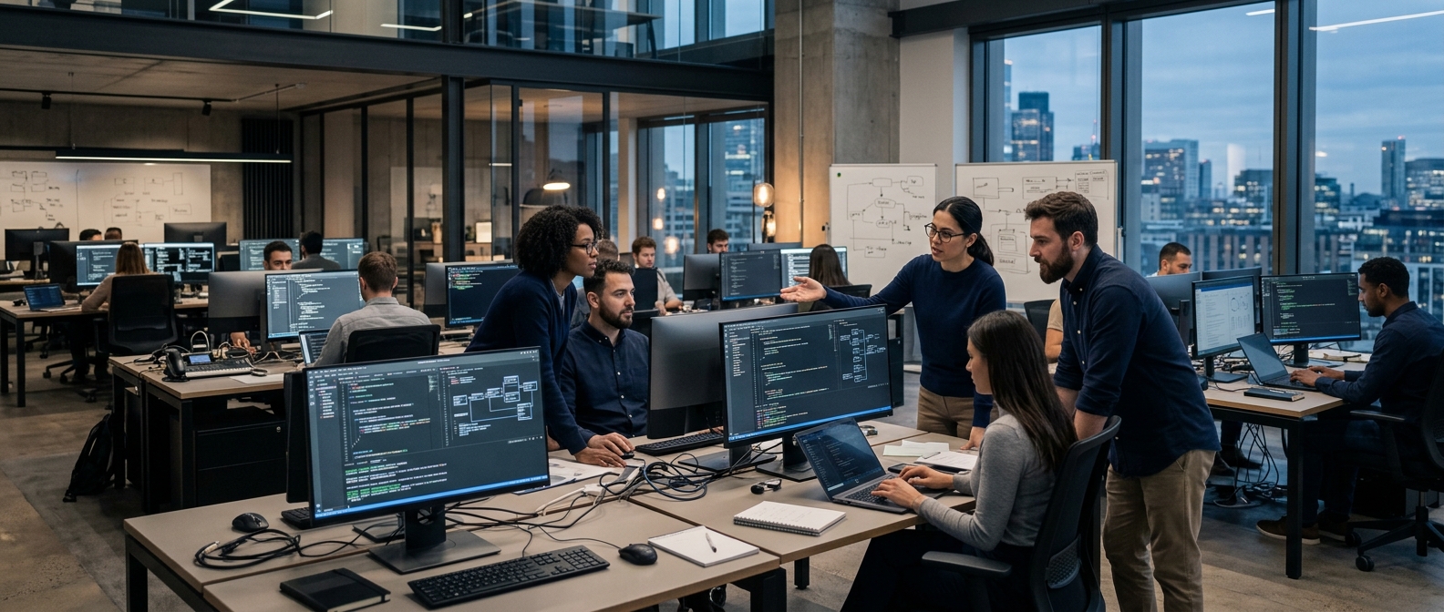 Time de engenharia em software house com integração de sistemas e ambiente corporativo premium.