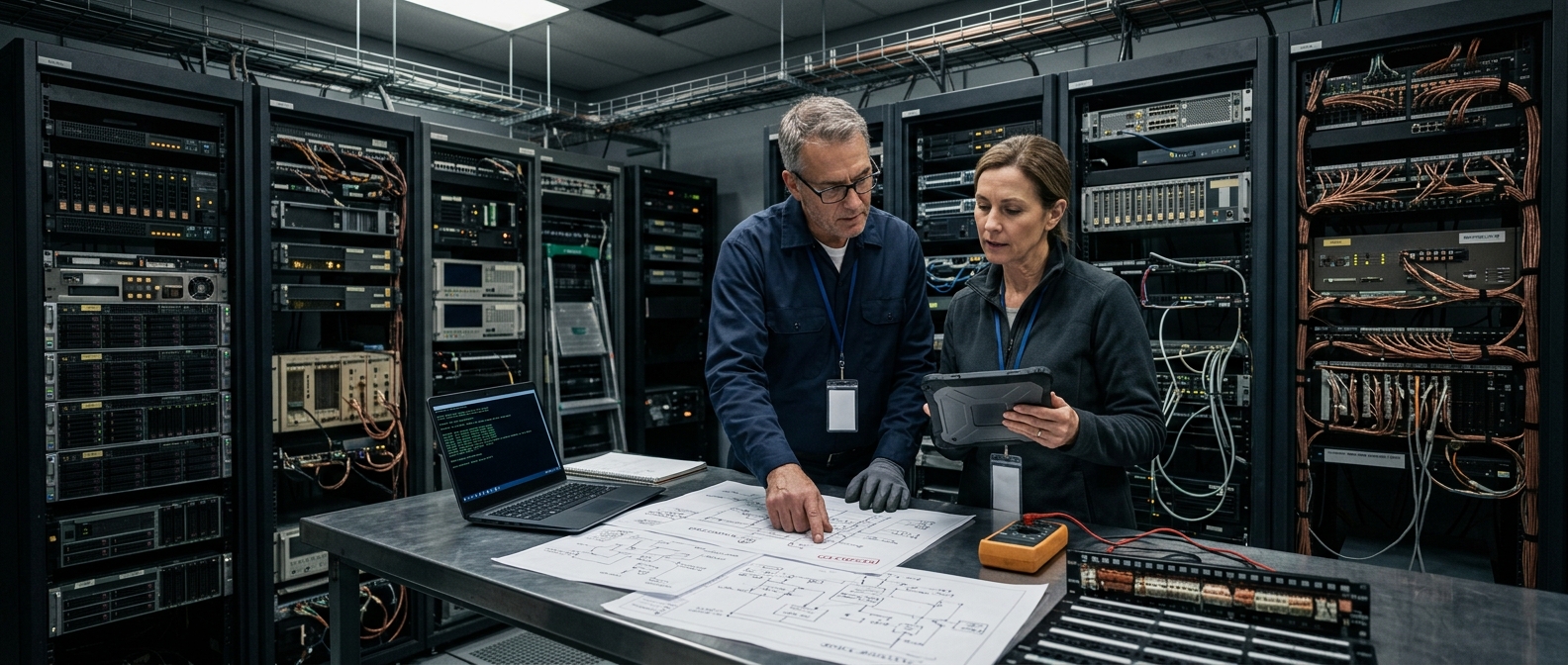 Engenheiros analisando infraestrutura crítica, integração e sistemas legados em ambiente premium.